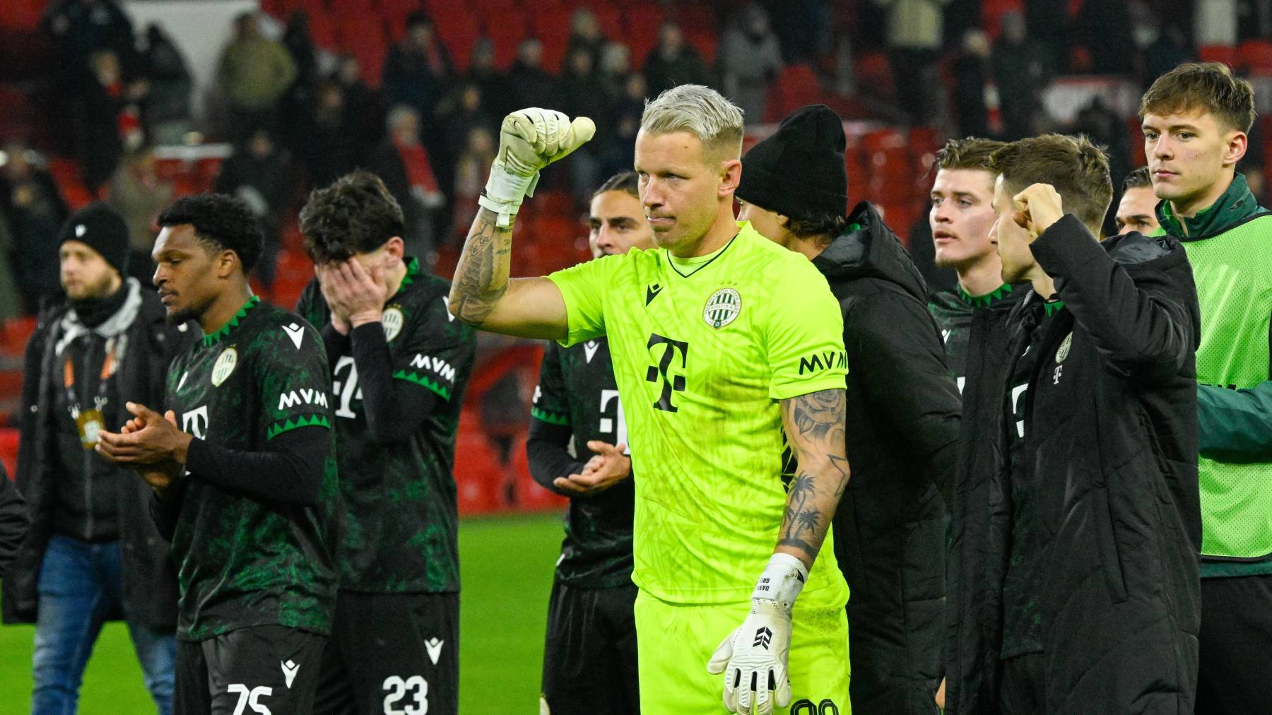 Nottingham, 2026. január 29. A Ferencváros játékosai a labdarúgó Európa-liga alapszakaszának 8. fordulójában játszott Notthingam Forest – Ferencváros mérkőzés után az angliai Nottinghamben 2026. január 29-én. Notthingam Forest-Ferencváros 4-0. MTI/Koszticsák Szilárd