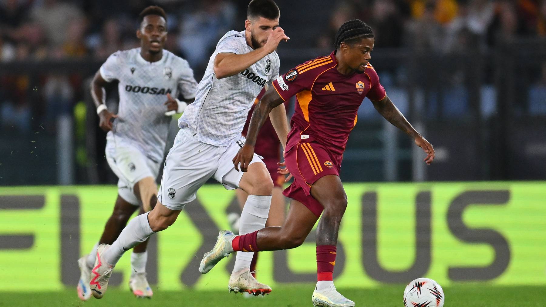 Adrian Zeljkovic of F.C. Viktoria Plzen and Leon Bailey of A.S. Roma are in action during the UEFA Europa League phase day 3 football match between A.S. Roma and F.C. Viktoria Plzen at the Olympic Stadium in Rome, Italy, on October 23, 2025. (Photo by Domenico Cippitelli/NurPhoto)