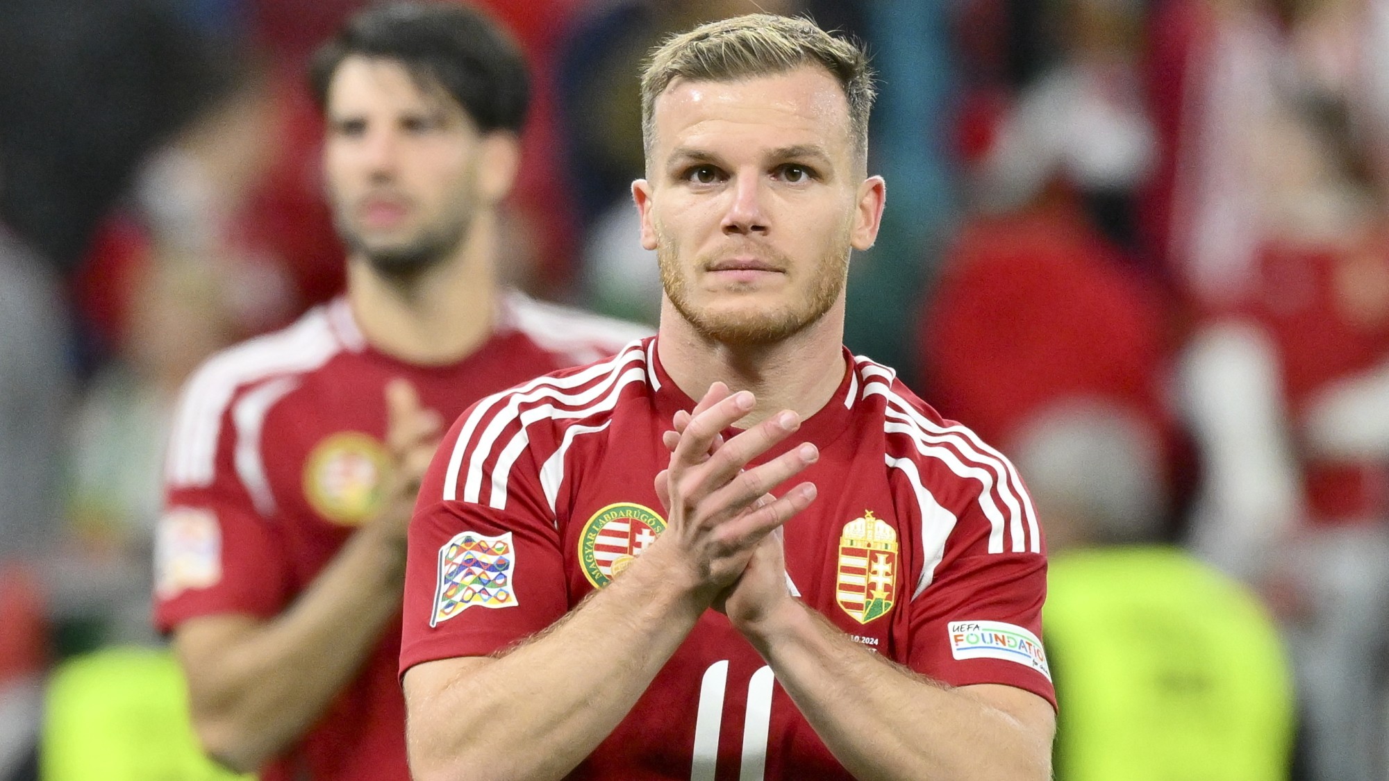 Gera Dániel a labdarúgó Nemzetek Ligája A divíziójának 3. csoportjában játszott Magyarország - Hollandia mérkőzésen a Puskás Arénában 2024. október 11-én.